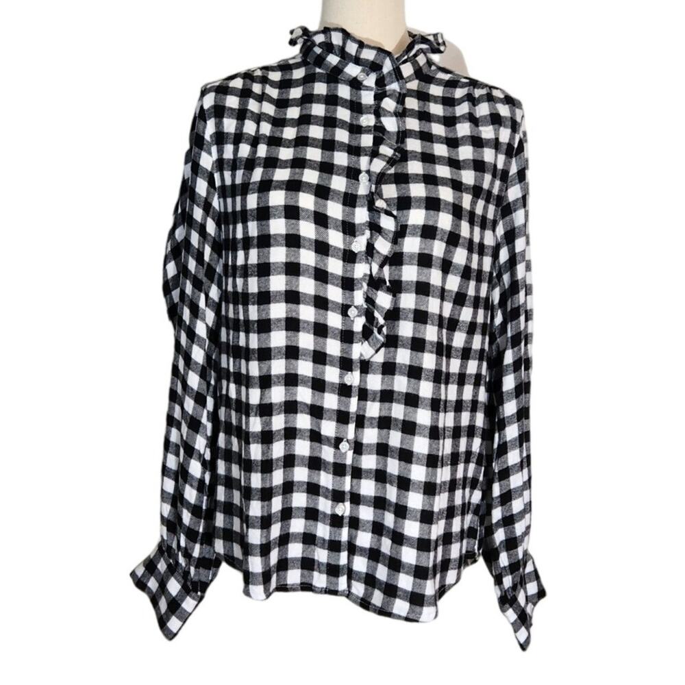Buffalo Plaid Ruffled Collar Blouse Black White By Market & Spruce NWT Size M